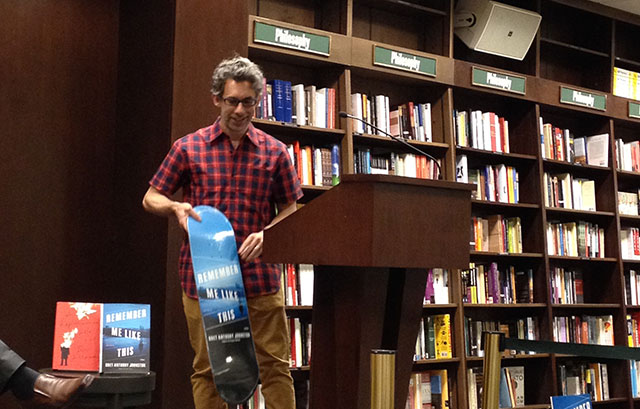 Bret Anthony Johnston Reads Remember Me LIke This and shows off the skateboard printed with the cover