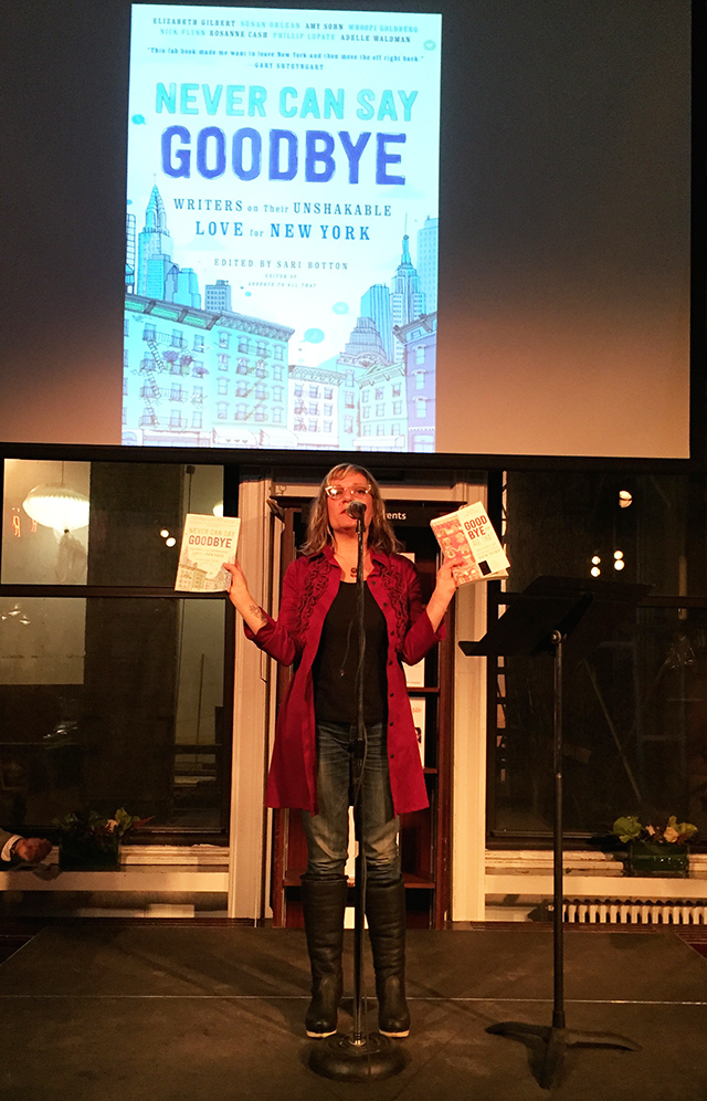 Sari Botton holds up Never Can Say Goodbye and Goodbye To All That