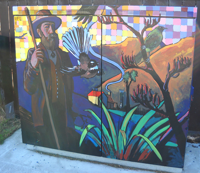 PHOTO COURTESY ERIK KENNEDY The image  is of a transformer in Heathcote painted by a local artist named Paul Deans with a scene of an early Cantabrian settler (that's the demonym for a person from Christchurch) and some native birds and flora. Get it? A man in a strange new land?