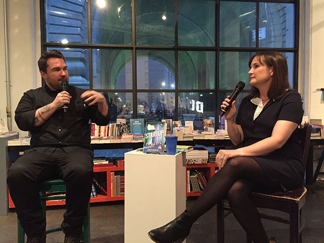 Isaac Fitzgerald talks to Doree Shafrir, author of STARTUP, a debut novel about the technology industry, at Powerhouse Archway in DUMBO, Brooklyn, New York